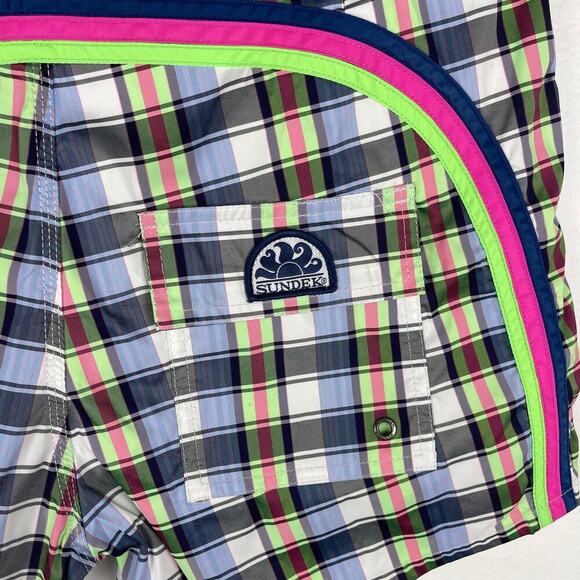 Sundek Men's 34 Multicolor Plaid Rainbow Back Beach Swim Board Shorts Mesh Lined - Picture 4 of 10